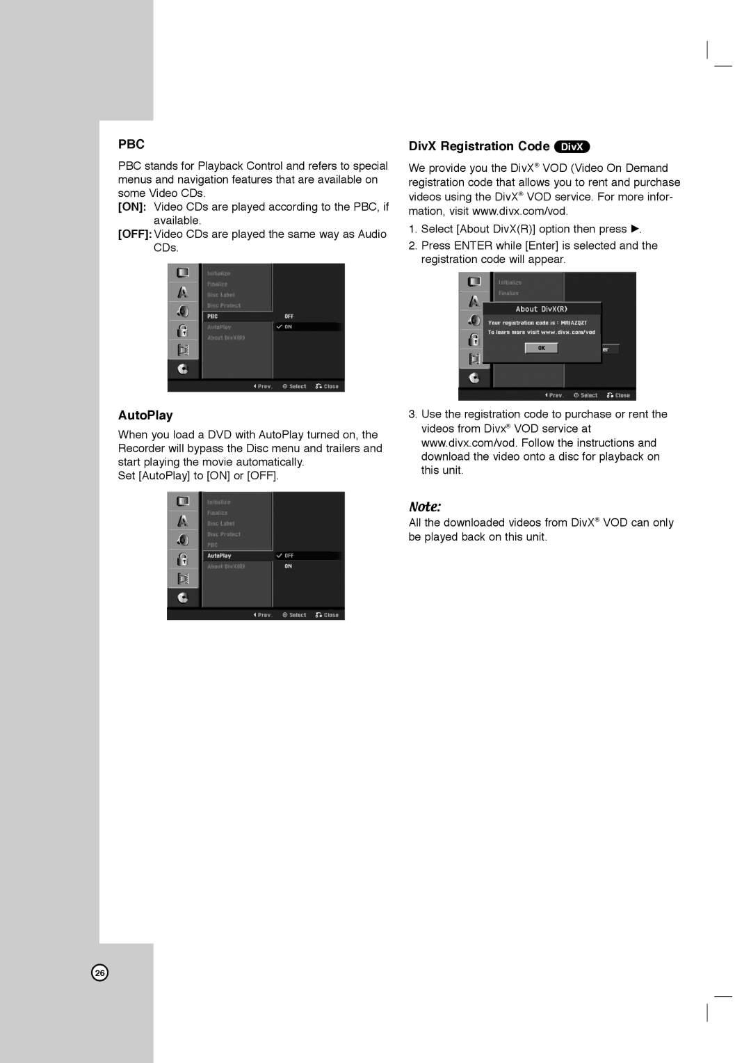 LG Electronics LRY-517 owner manual AutoPlay, DivX Registration Code DivX 