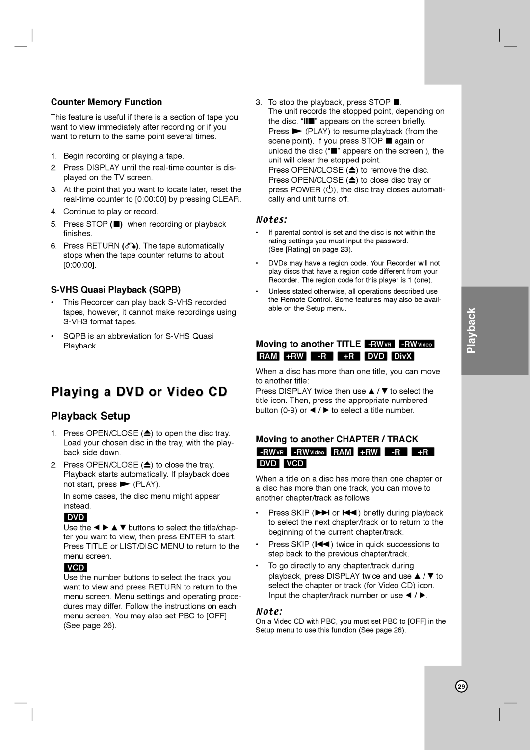 LG Electronics LRY-517 owner manual Playing a DVD or Video CD, Playback Setup 