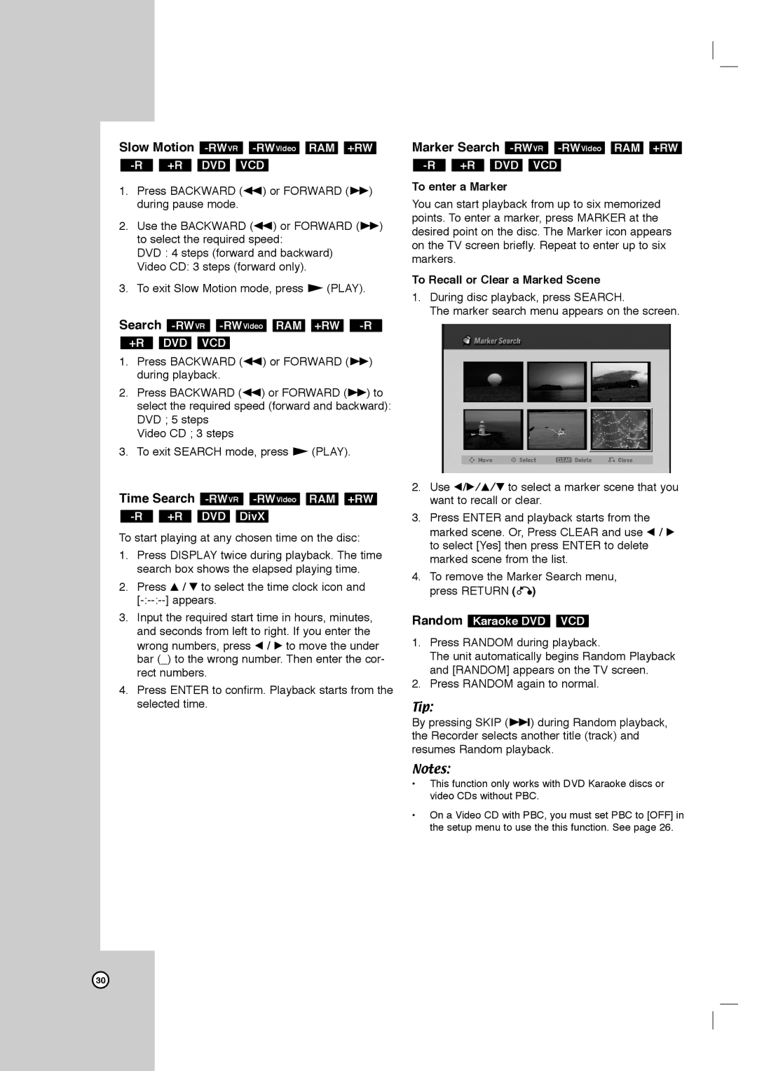 LG Electronics LRY-517 Marker Search -RWVR-RWVideoRAM +RW, To enter a Marker, To Recall or Clear a Marked Scene 