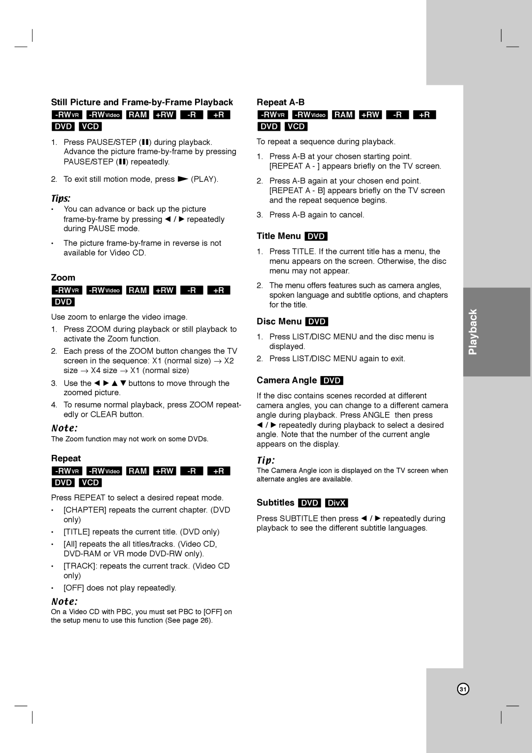 LG Electronics LRY-517 Zoom, Repeat A-B, Title Menu DVD, Disc Menu DVD, Camera Angle DVD, Subtitles DVD DivX 