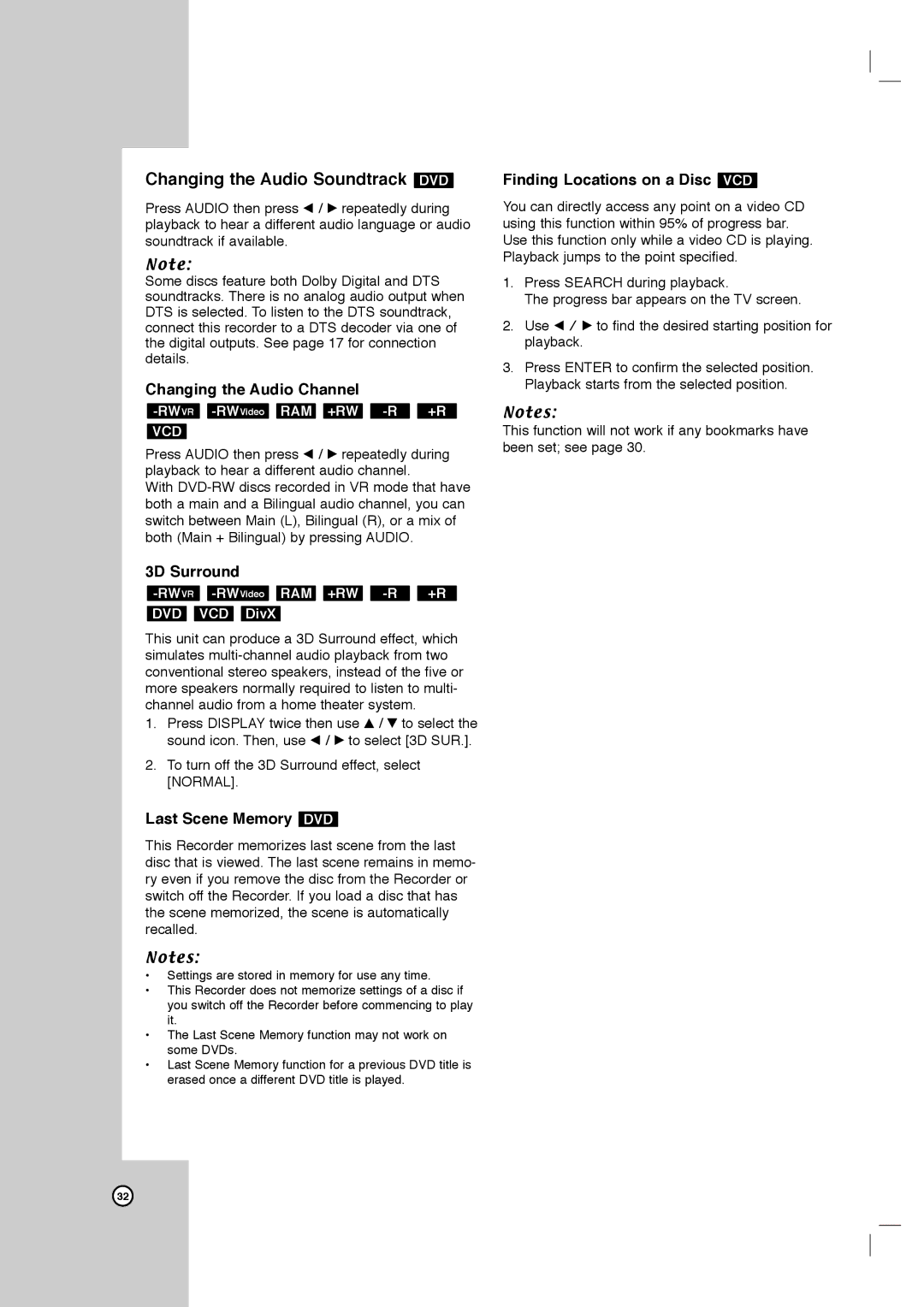 LG Electronics LRY-517 Changing the Audio Channel, 3D Surround, Last Scene Memory DVD, Finding Locations on a Disc VCD 