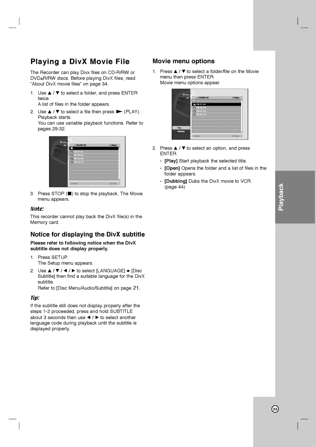 LG Electronics LRY-517 owner manual Playing a DivX Movie File, Movie menu options 