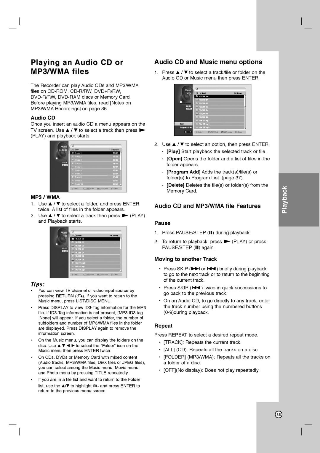 LG Electronics LRY-517 owner manual Playing an Audio CD or MP3/WMA files, Audio CD and Music menu options, Pause 