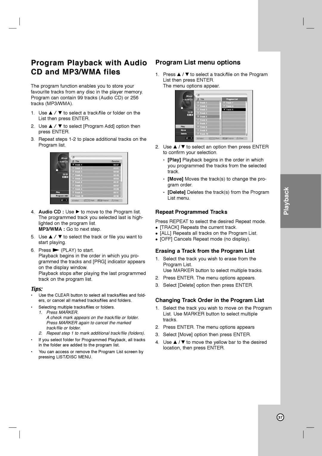 LG Electronics LRY-517 owner manual Program Playback with Audio CD and MP3/WMA files, Program List menu options 