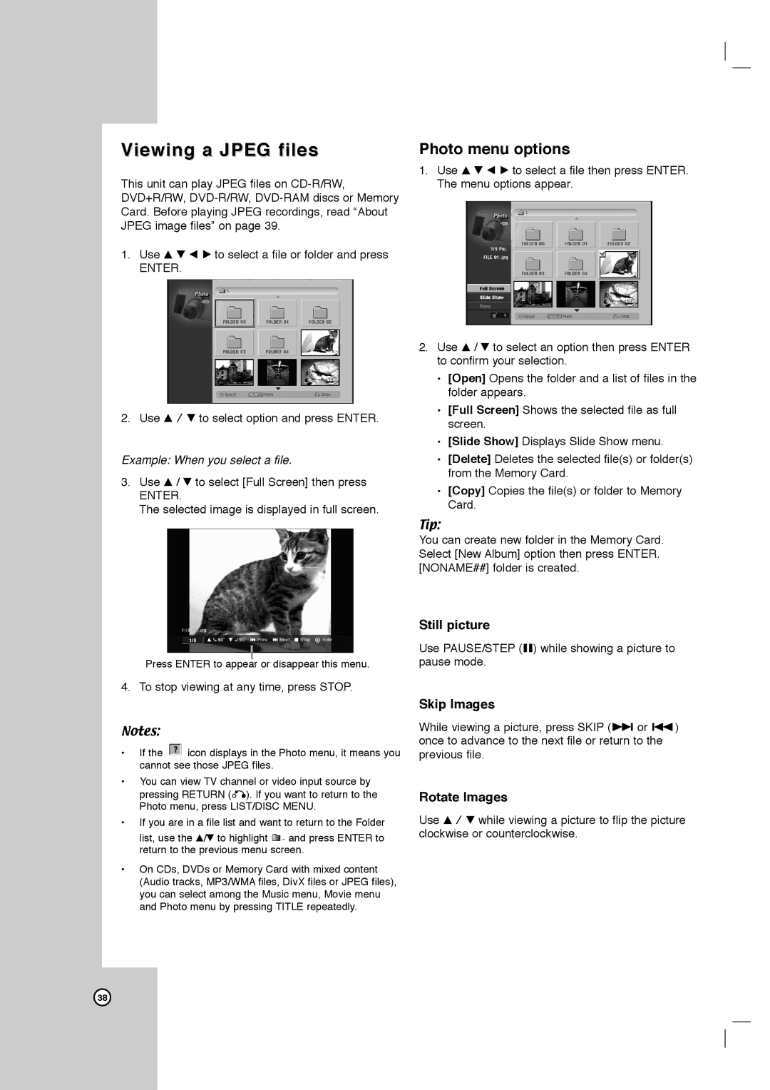 LG Electronics LRY-517 owner manual Viewing a Jpeg files, Photo menu options, Still picture, Skip Images, Rotate Images 