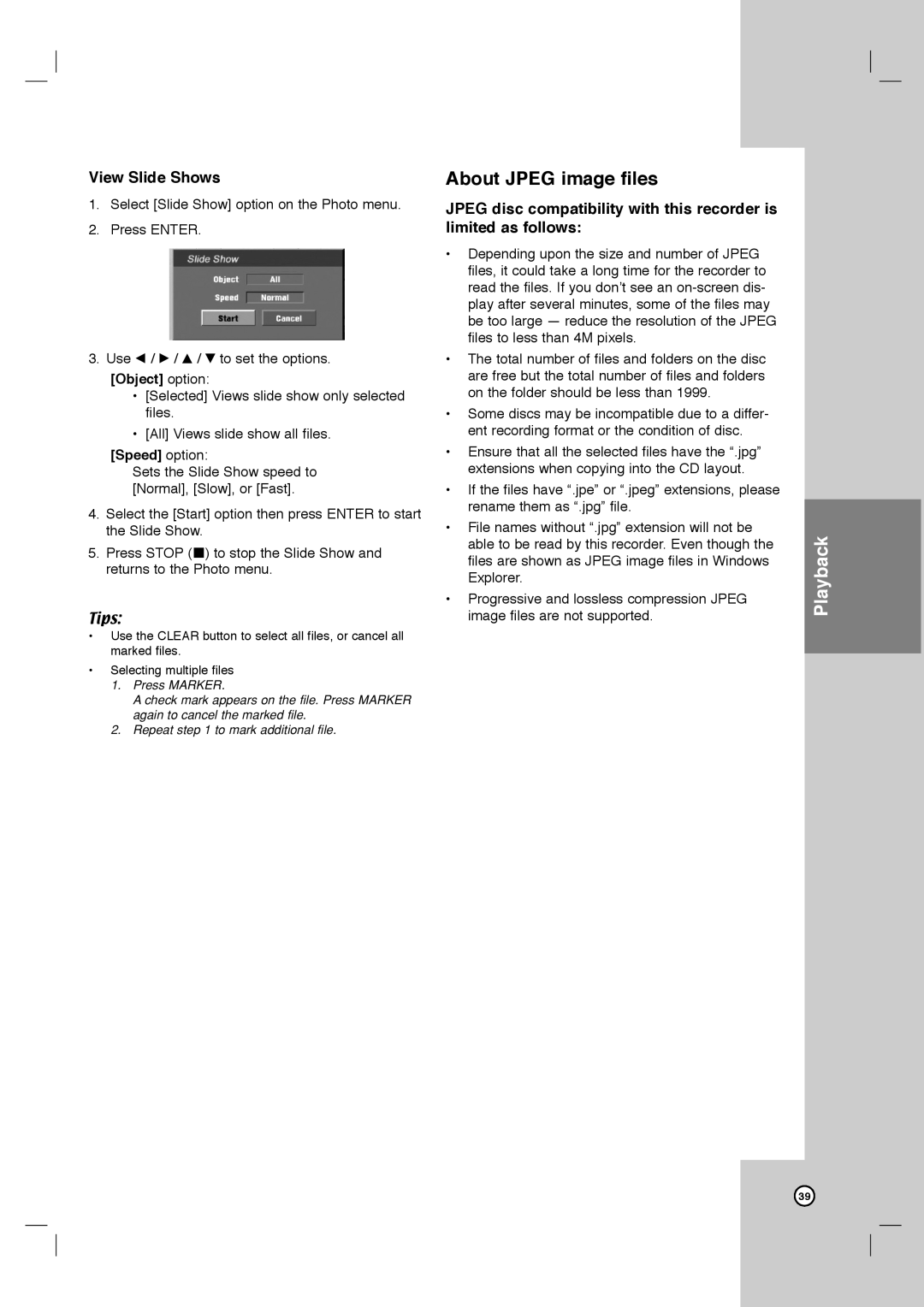 LG Electronics LRY-517 owner manual About Jpeg image files, View Slide Shows, Object option, Speed option 