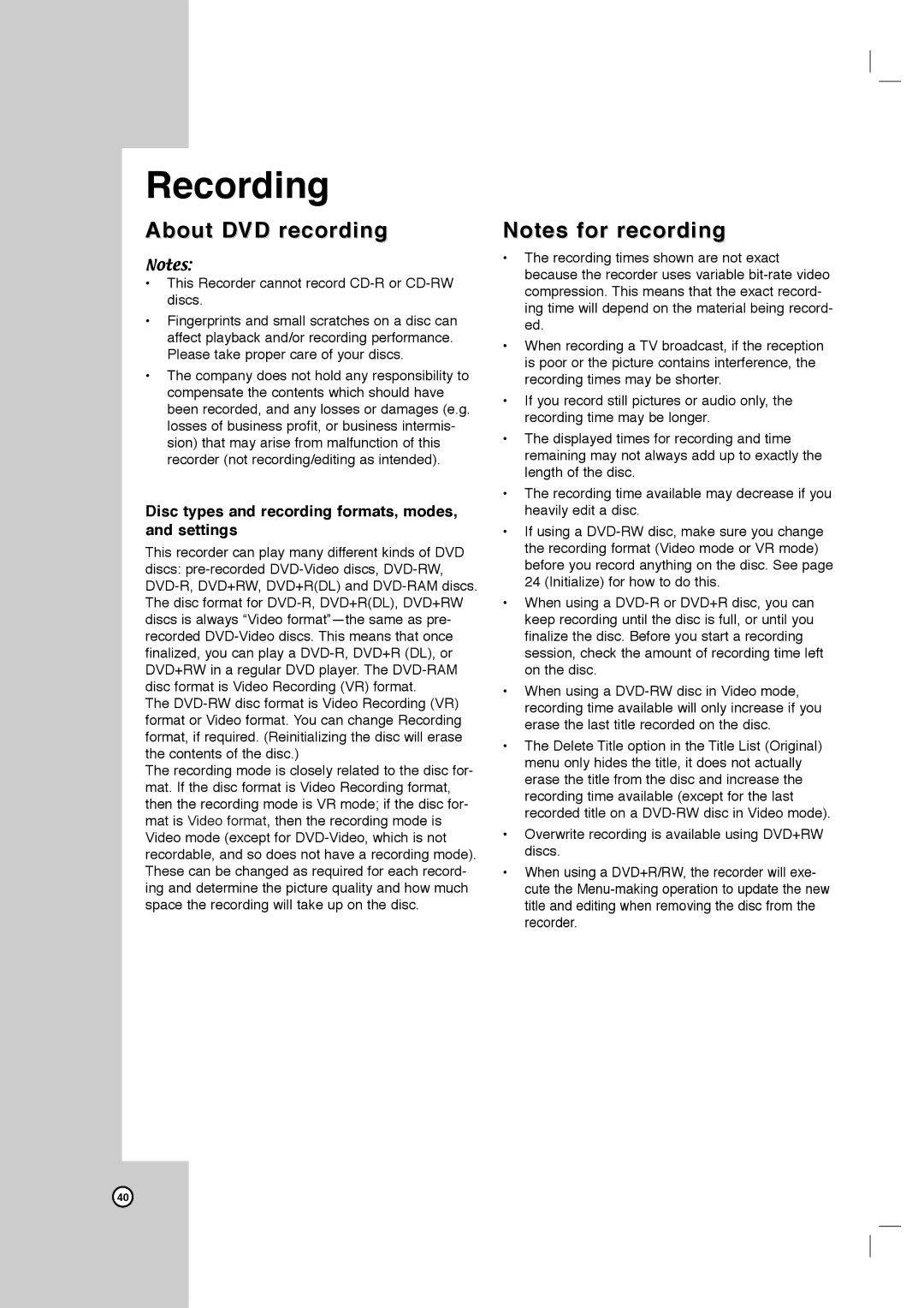 LG Electronics LRY-517 owner manual About DVD recording, Disc types and recording formats, modes, and settings 