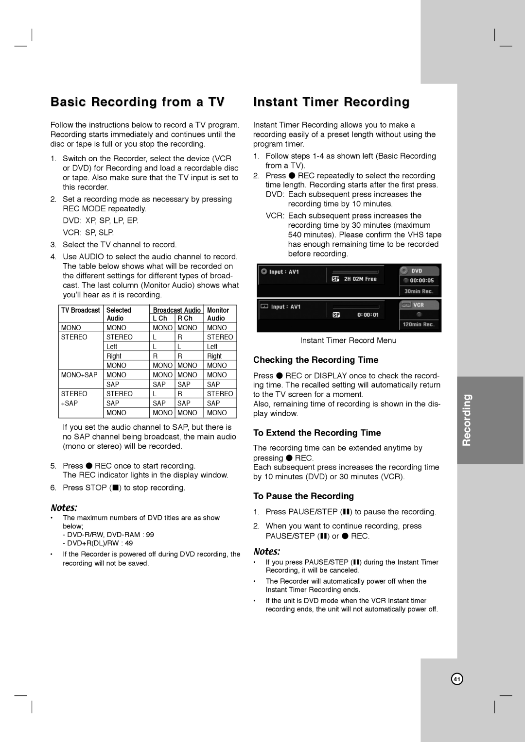 LG Electronics LRY-517 owner manual Basic Recording from a TV, Instant Timer Recording, Checking the Recording Time 