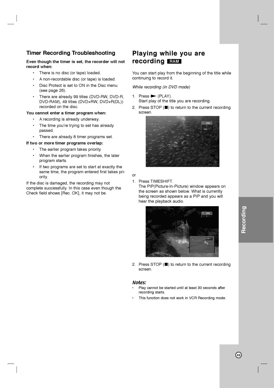 LG Electronics LRY-517 owner manual Playing while you are recording RAM, Timer Recording Troubleshooting 