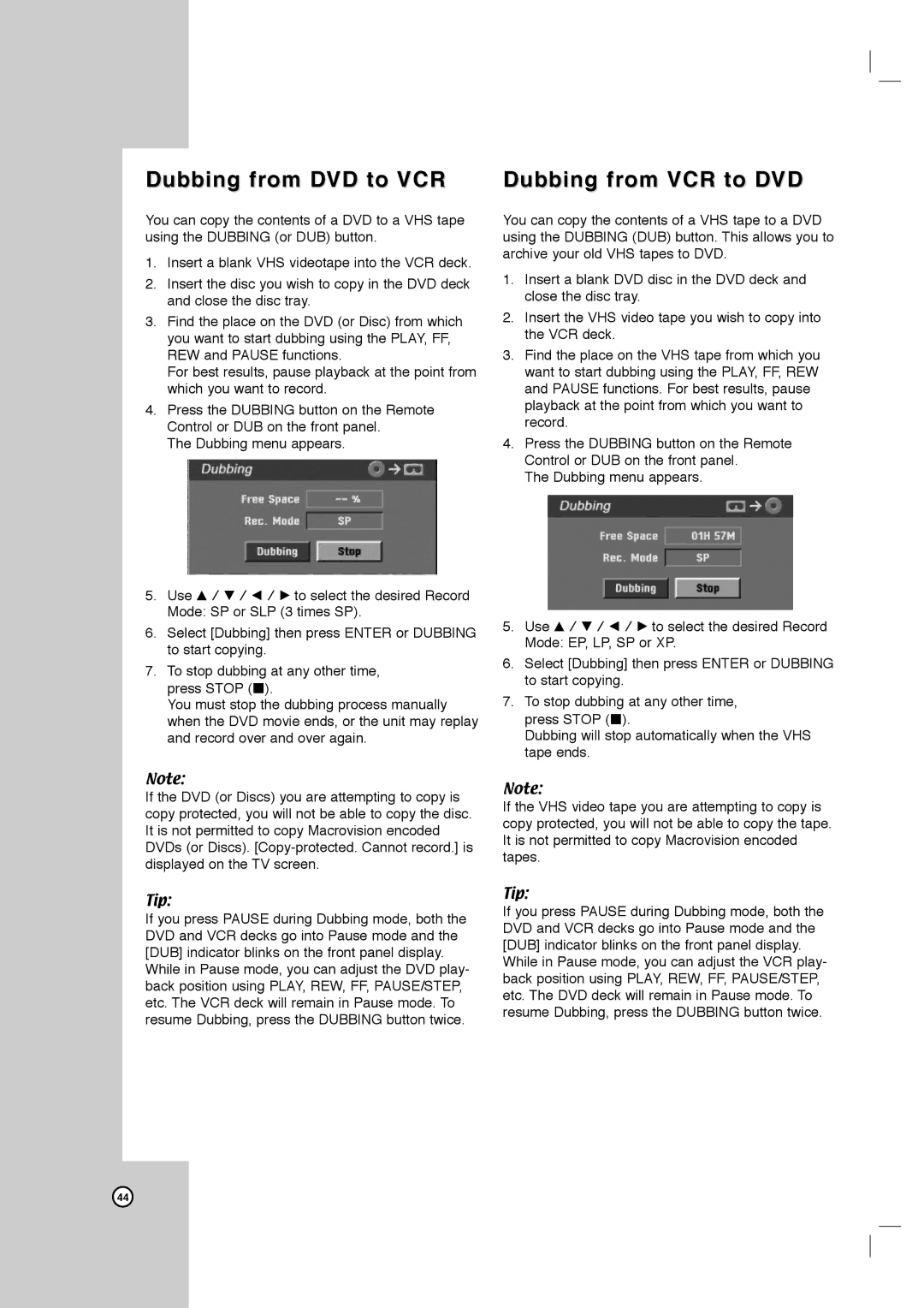 LG Electronics LRY-517 owner manual Dubbing from DVD to VCR, Dubbing from VCR to DVD 