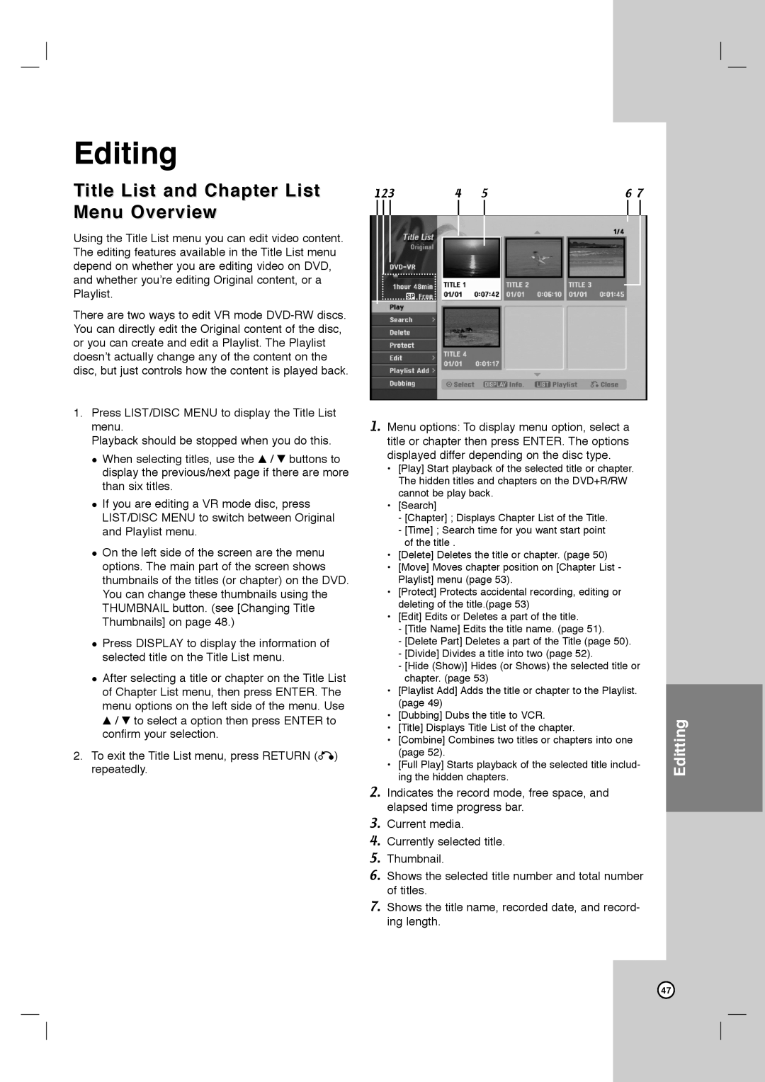 LG Electronics LRY-517 owner manual Editing, Title List and Chapter List Menu Overview 