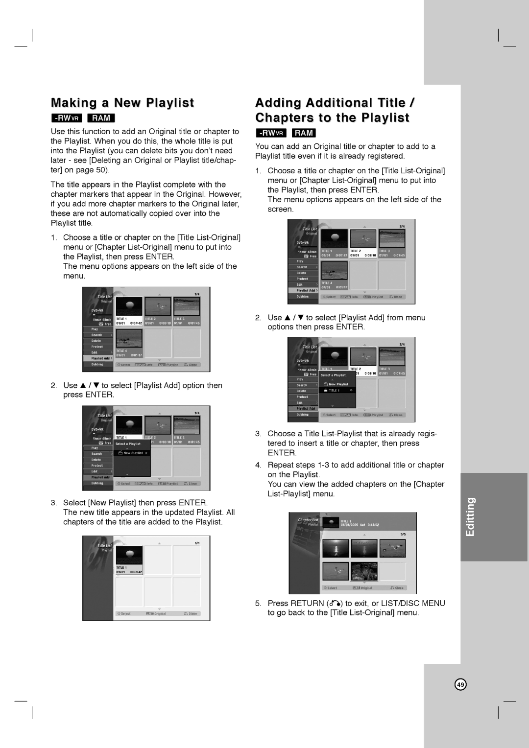 LG Electronics LRY-517 owner manual Making a New Playlist, Adding Additional Title / Chapters to the Playlist 