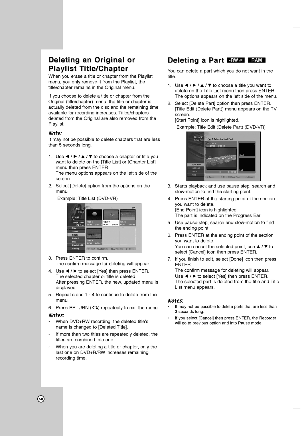 LG Electronics LRY-517 owner manual Deleting an Original or Playlist Title/Chapter, Deleting a Part -RW 