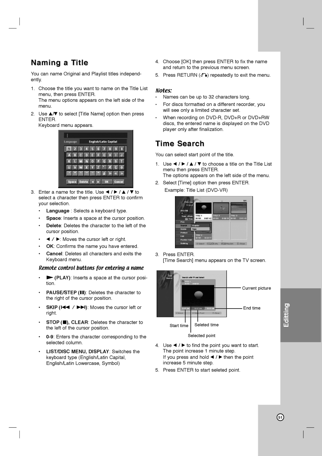 LG Electronics LRY-517 owner manual Naming a Title, Time Search 