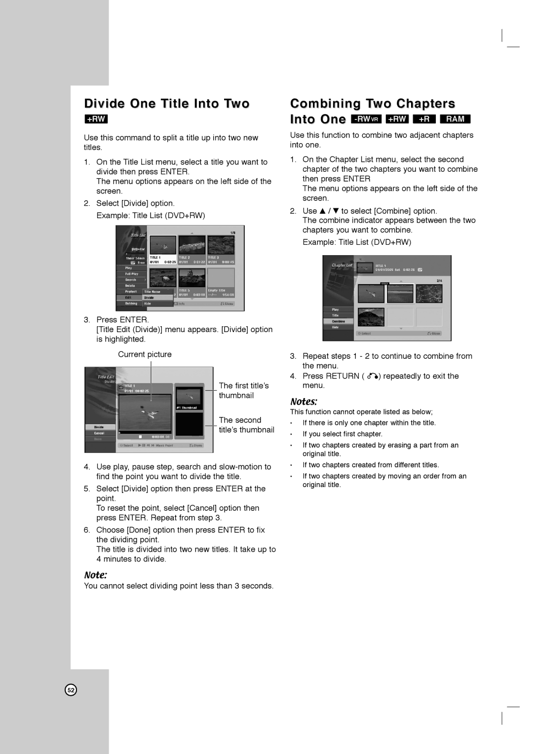 LG Electronics LRY-517 owner manual Divide One Title Into Two, Combining Two Chapters 