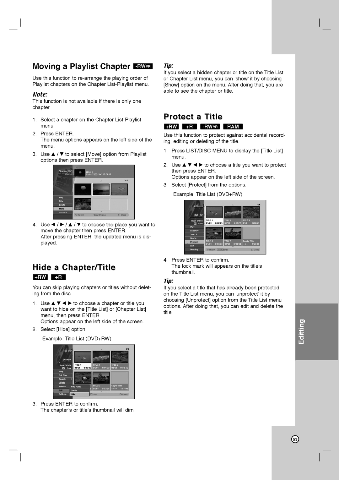 LG Electronics LRY-517 owner manual Moving a Playlist Chapter -RWVR, Protect a Title, Hide a Chapter/Title 