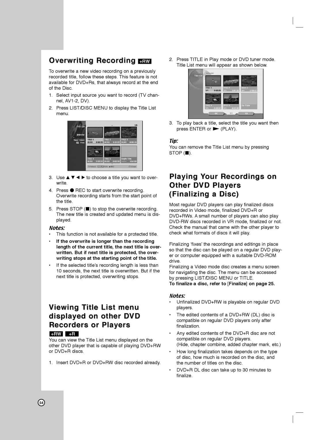 LG Electronics LRY-517 owner manual Overwriting Recording +RW, To finalize a disc, refer to Finalize on 