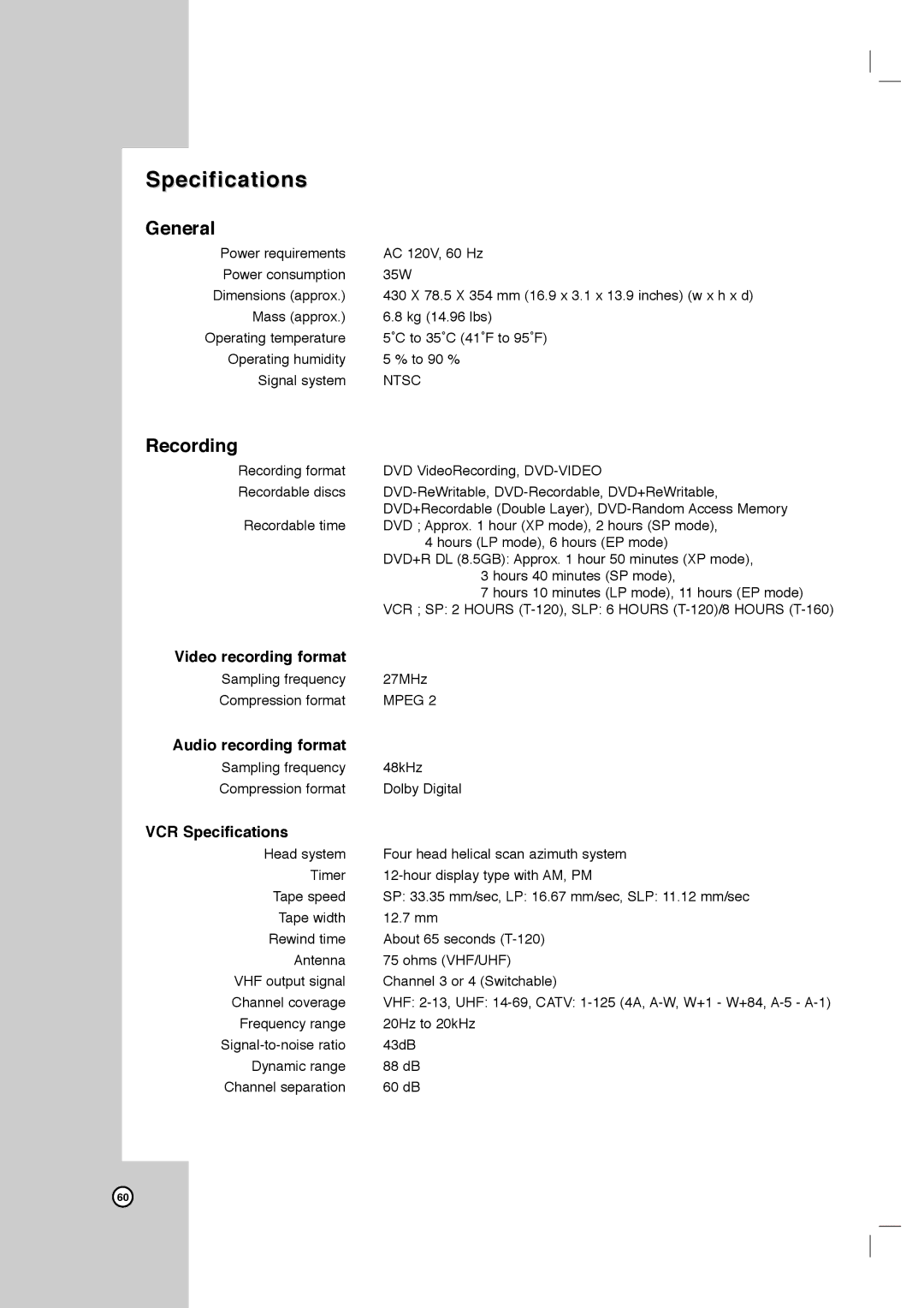 LG Electronics LRY-517 owner manual Specifications, General, Recording 