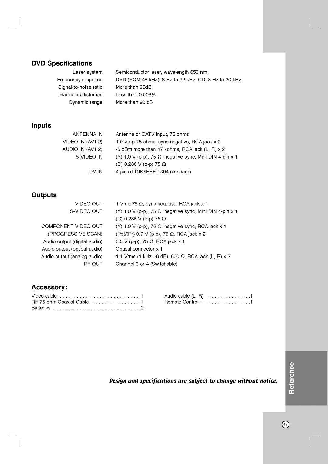 LG Electronics LRY-517 owner manual DVD Specifications, Inputs, Outputs, Accessory 