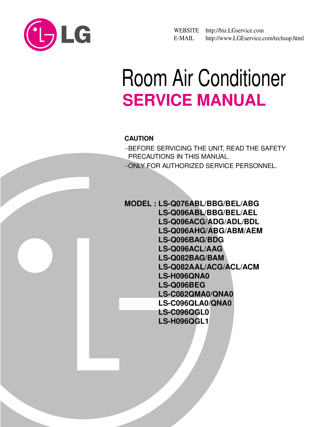 LG Electronics LS-Q096ACG, LS-Q096BBG, LS-Q076ABL, LS-Q096BEL, LS-Q076BBG, LS-Q096ADL service manual Room Air Conditioner 