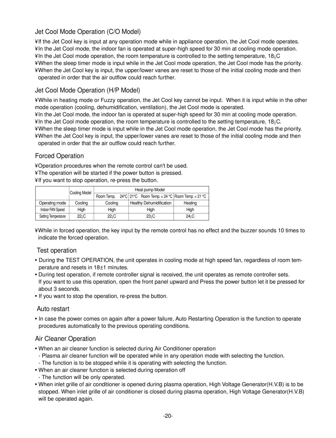 LG Electronics LS-Q096ABM Jet Cool Mode Operation C/O Model, Jet Cool Mode Operation H/P Model, Forced Operation 