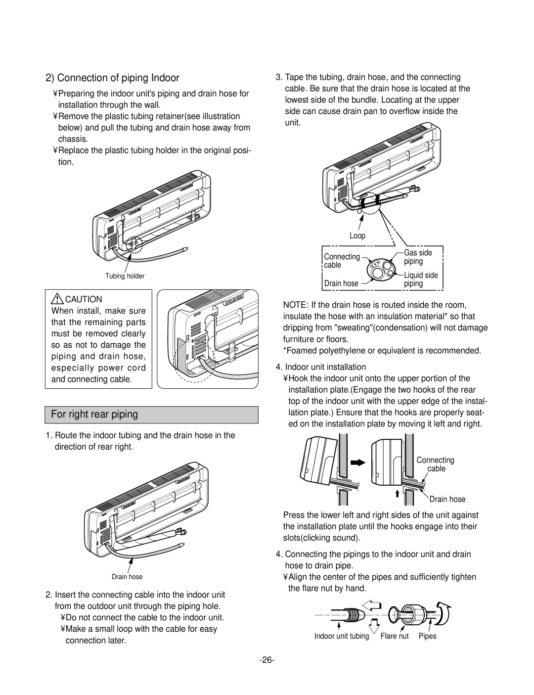 LG Electronics LS-Q096BBG, LS-Q096ACG Connection of piping Indoor, For right rear piping, Indoor unit installation 