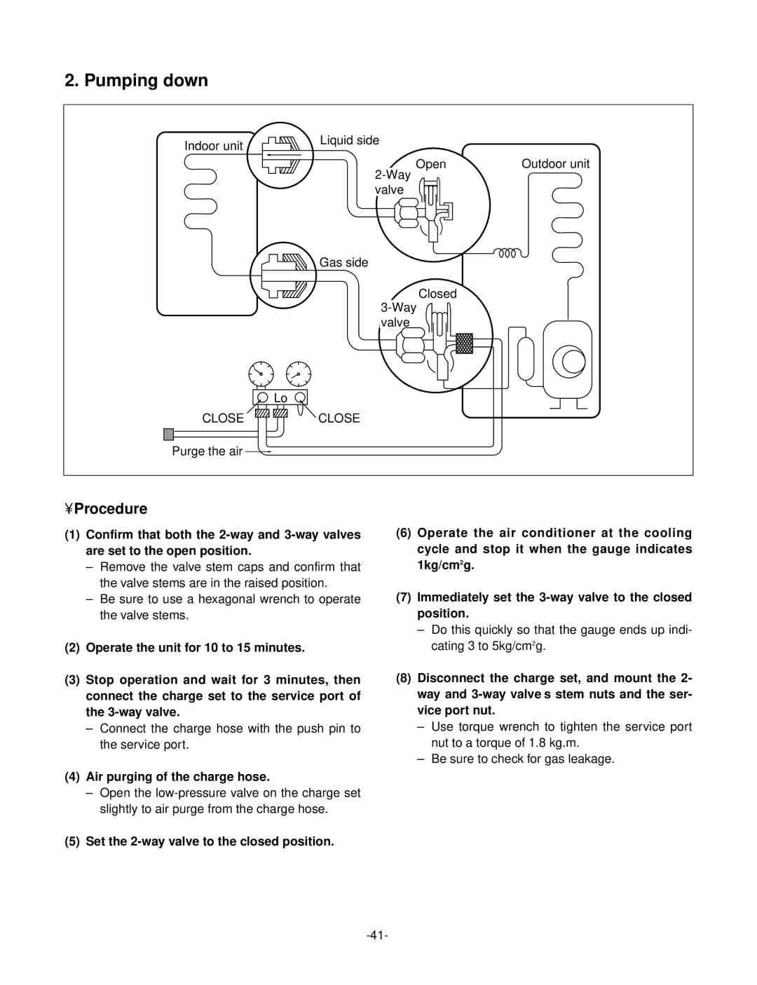 LG Electronics LS-Q076ABL, LS-Q096BBG Air purging of the charge hose, Set the 2-way valve to the closed position 