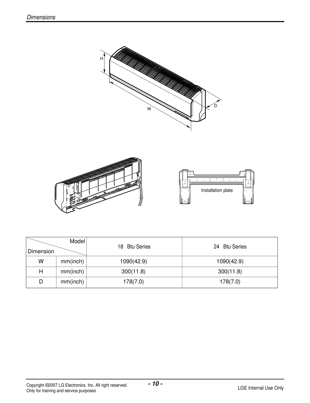 LG Electronics LS240HP(AS-H2435DM0), LS090HP(AS-H091E1H0) manual Model Btu Series Dimension Mminch 109042.9 30011.8 1787.0 