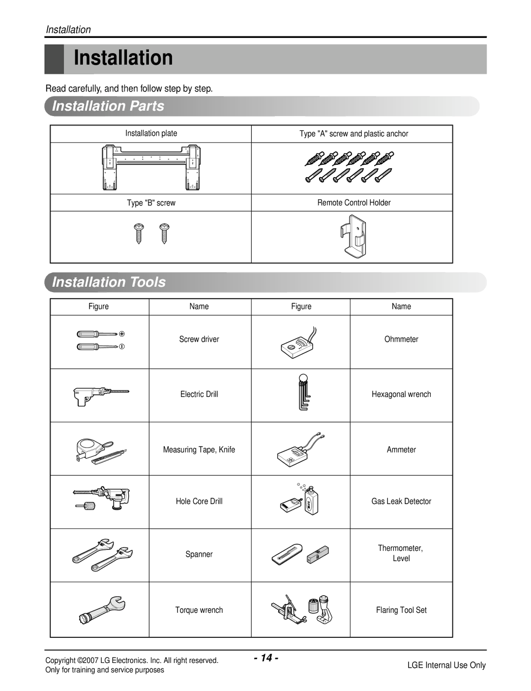 LG Electronics LS180HP(AS-H1835DM0), LS090HP(AS-H091E1H0), LS180CP(AS-C183DM0) Installation Parts, Installation Tools 