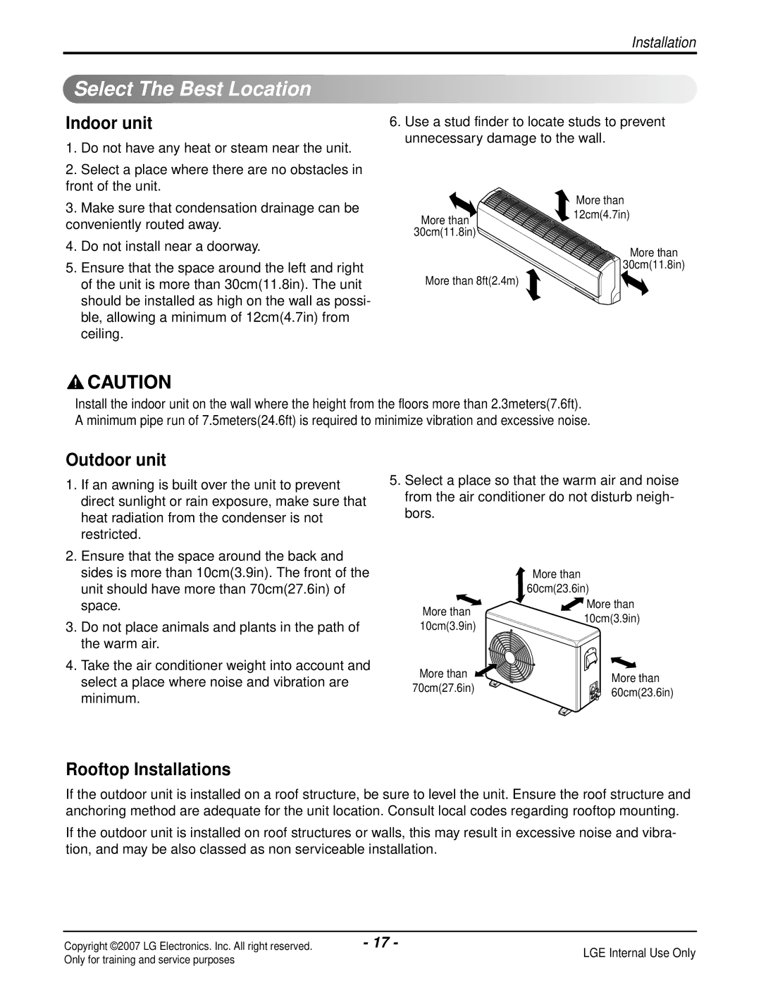 LG Electronics LS180CP(AS-C183DM0) manual Select The Best Location, Indoor unit, Outdoor unit, Rooftop Installations 