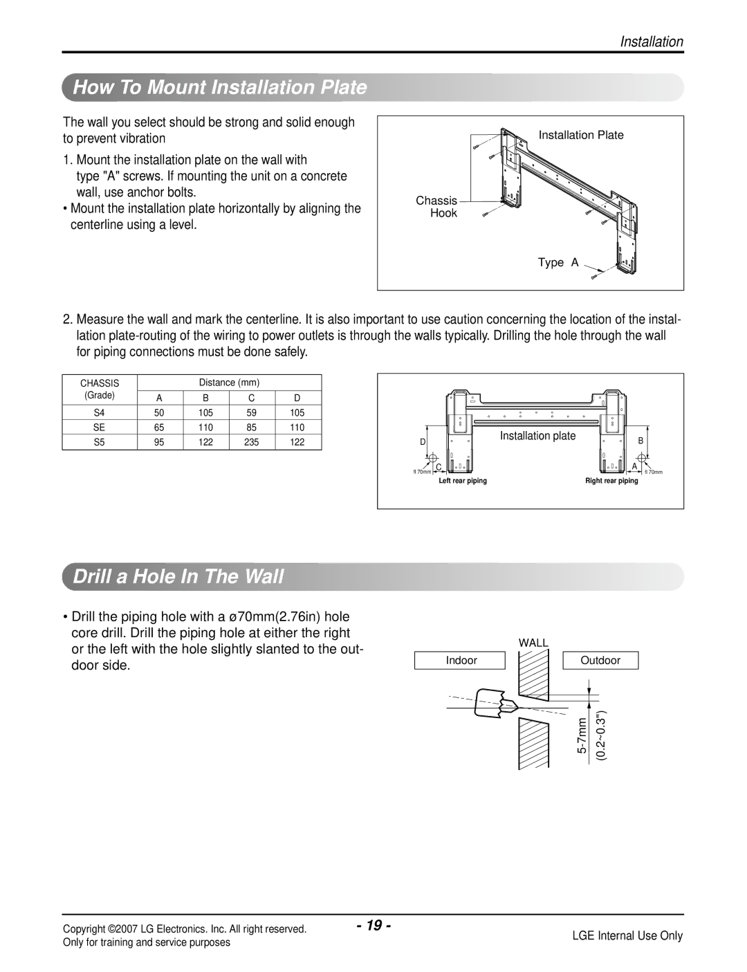 LG Electronics LS120CP(AS-C121E1H0), LS090HP(AS-H091E1H0) manual How To Mount Installation Plate, Drill a Hole In The Wall 