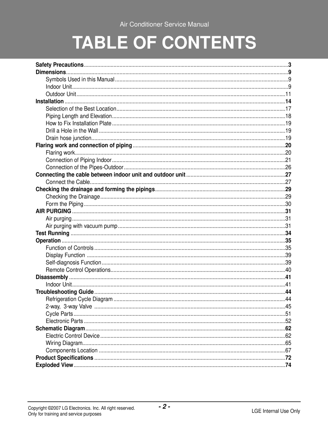 LG Electronics LS240HP(AS-H2435DM0), LS090HP(AS-H091E1H0), LS180CP(AS-C183DM0), LS120CP(AS-C121E1H0) manual Table of Contents 