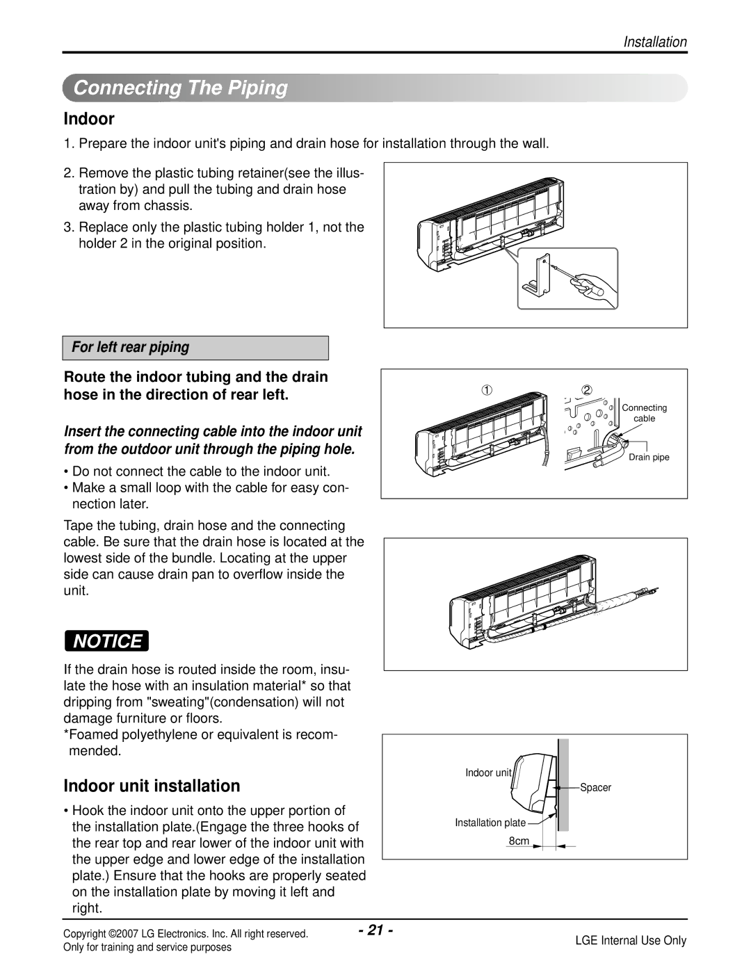 LG Electronics LS240CP(AS-C2435DM0), LS090HP(AS-H091E1H0) manual Connecting The Piping, Indoor unit installation 