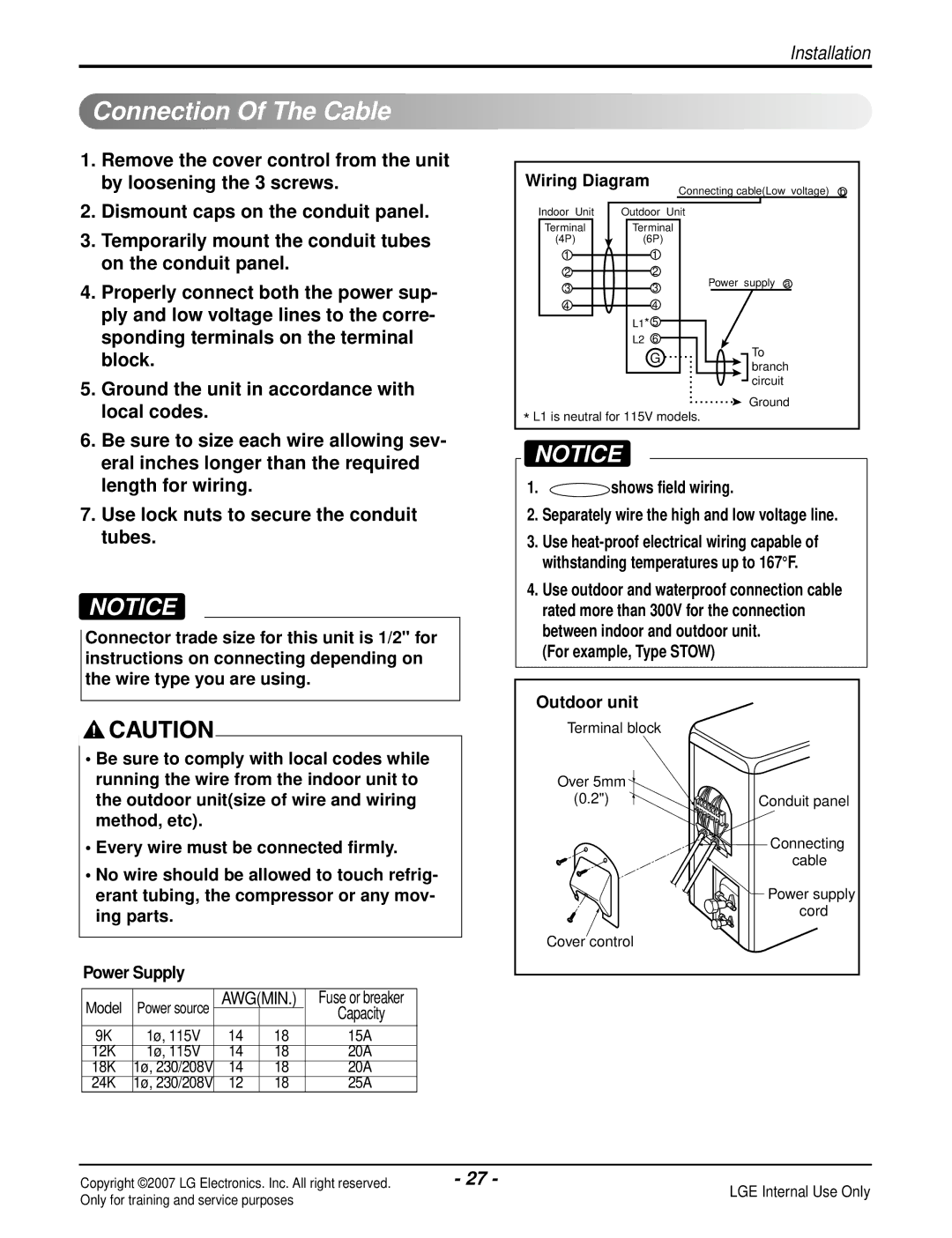 LG Electronics LS120CP(AS-C121E1H0), LS090HP(AS-H091E1H0), LS180CP(AS-C183DM0) manual Connection Of The Cable, Capacity 