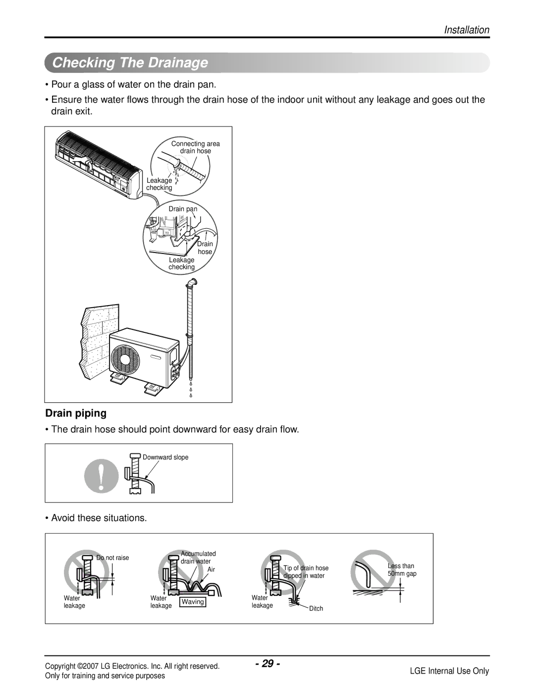 LG Electronics LS240CP(AS-C2435DM0), LS090HP(AS-H091E1H0) manual Checking The Drainage, Drain piping, Avoid these situations 