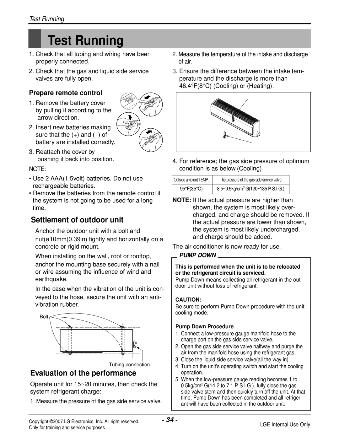 LG Electronics LS240HP(AS-H2435DM0) manual Test Running, Settlement of outdoor unit, Evaluation of the performance 
