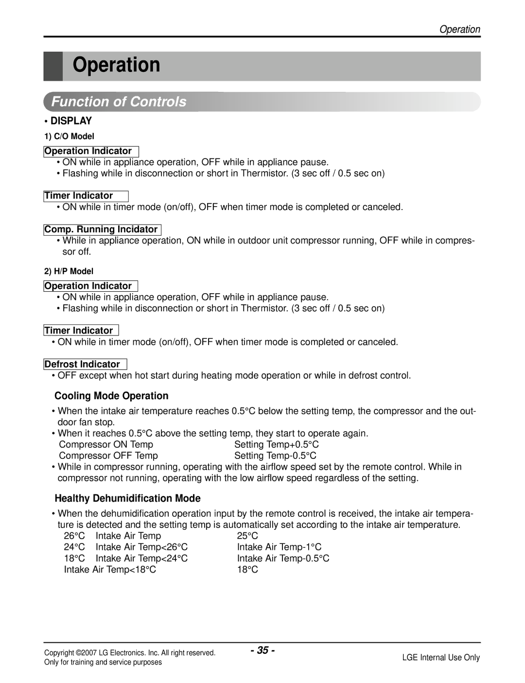 LG Electronics LS120CP(AS-C121E1H0) manual Function of Controls, Cooling Mode Operation, Healthy Dehumidification Mode 