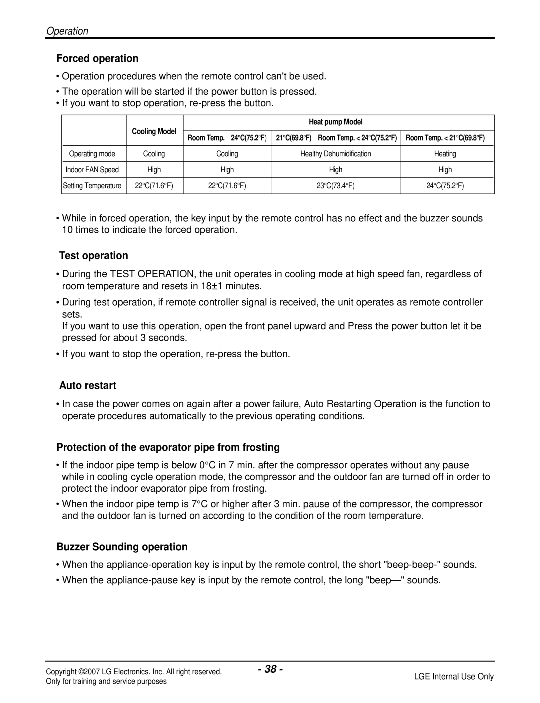 LG Electronics LS180HP(AS-H1835DM0) manual Forced operation, Test operation, Auto restart, Buzzer Sounding operation 