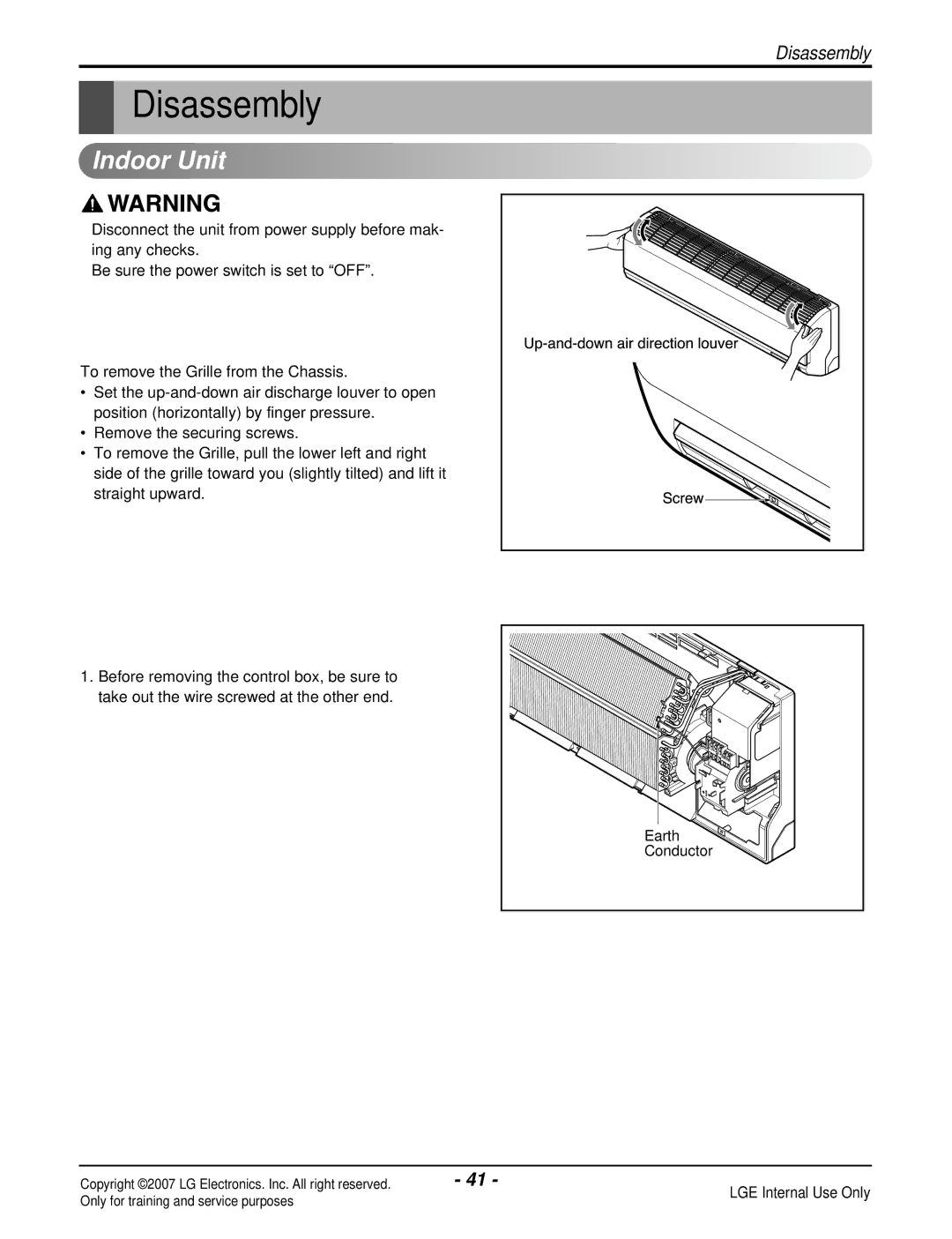 LG Electronics LS180CP(AS-C183DM0), LS090HP(AS-H091E1H0) manual Disassembly, To remove the Grille from the Chassis 