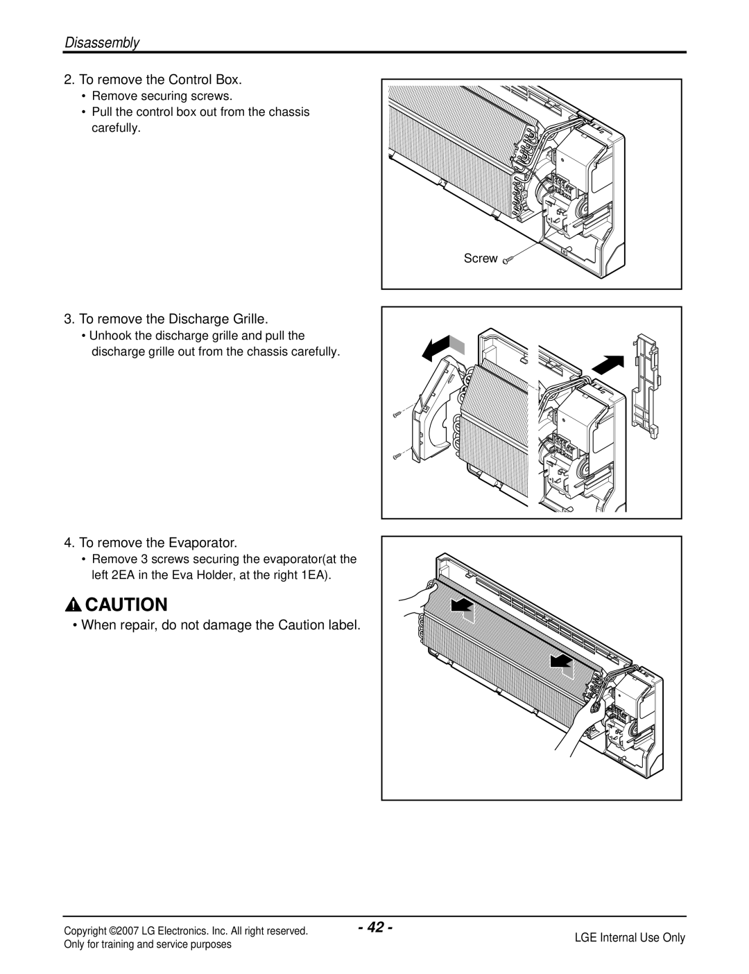 LG Electronics LS240HP(AS-H2435DM0) manual To remove the Evaporator, When repair, do not damage the Caution label 