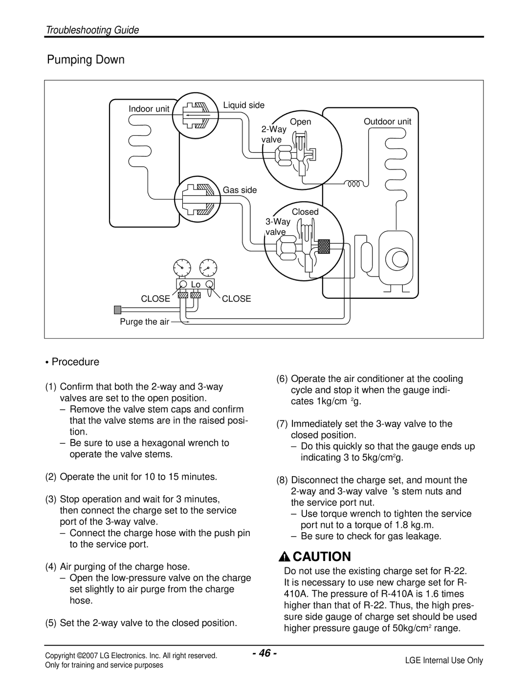 LG Electronics LS180HP(AS-H1835DM0), LS090HP(AS-H091E1H0), LS180CP(AS-C183DM0), LS240HP(AS-H2435DM0) Pumping Down, Procedure 