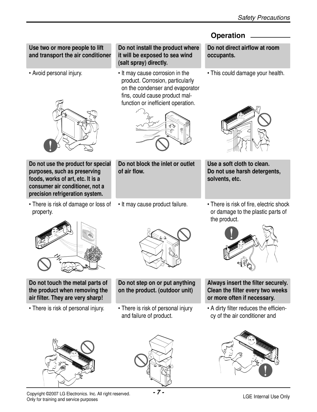 LG Electronics LS120HP(AS-H121E1H0) manual Occupants, Salt spray directly, Solvents, etc, On the product. outdoor unit 