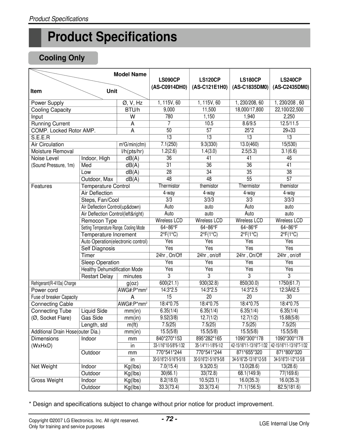 LG Electronics LS090HP(AS-H091E1H0), LS180CP(AS-C183DM0), LS240HP(AS-H2435DM0) manual Product Specifications, Cooling Only 