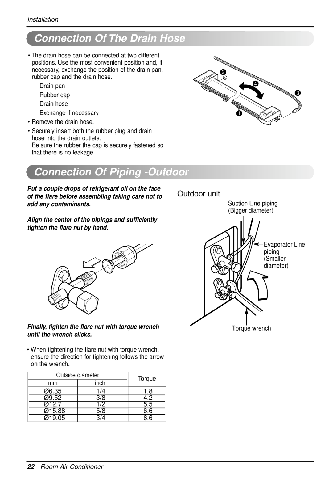 LG Electronics LS122CE installation manual Connectionng theOfThePipingDrain Hose, Connectionng OfthePiping-Outdoor 