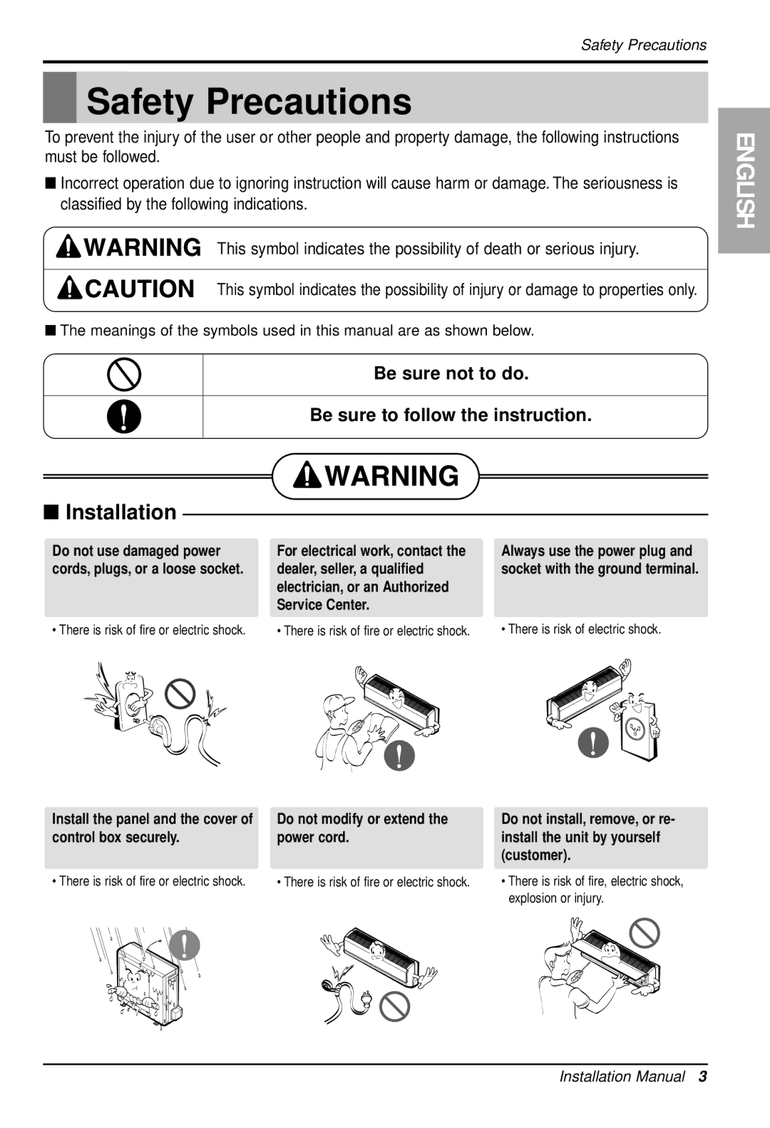 LG Electronics LS122CE installation manual Safety Precautions, Do not modify or extend the power cord 