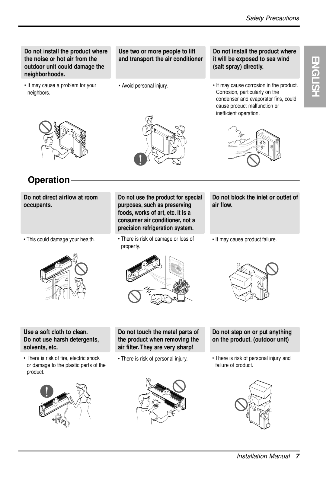 LG Electronics LS122CE Noise or hot air from, Salt spray directly, Neighborhoods, Do not direct airflow at room occupants 