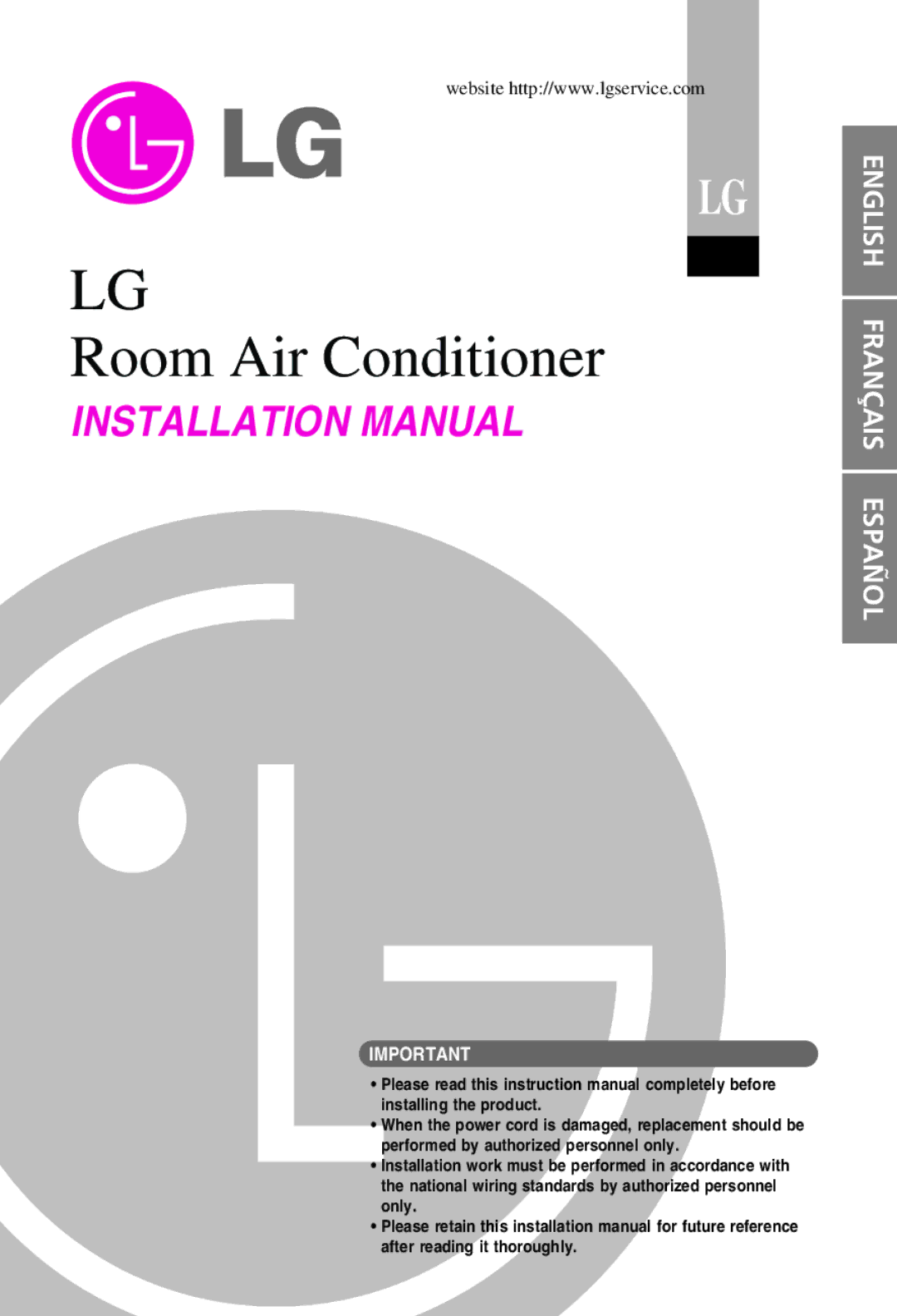 LG Electronics LS305HV installation manual Room Air Conditioner 