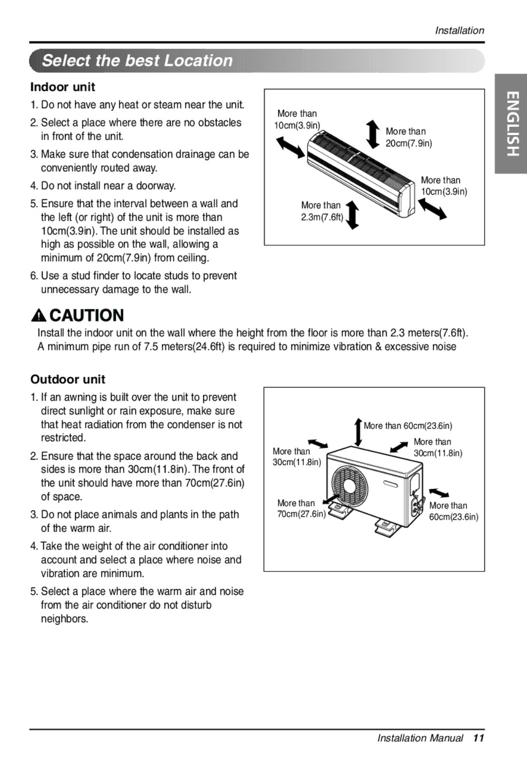 LG Electronics LS305HV installation manual Select the best Location, Indoor unit, Outdoor unit 