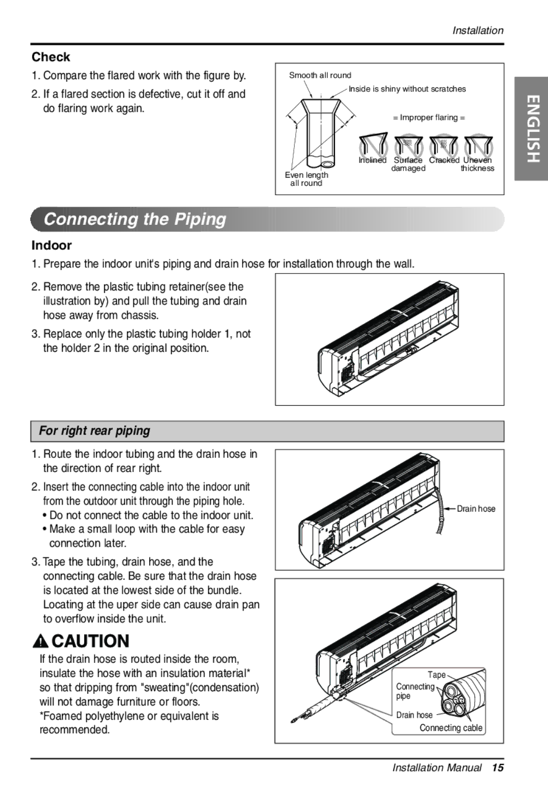 LG Electronics LS305HV installation manual Connecting the Piping, Check, Indoor 