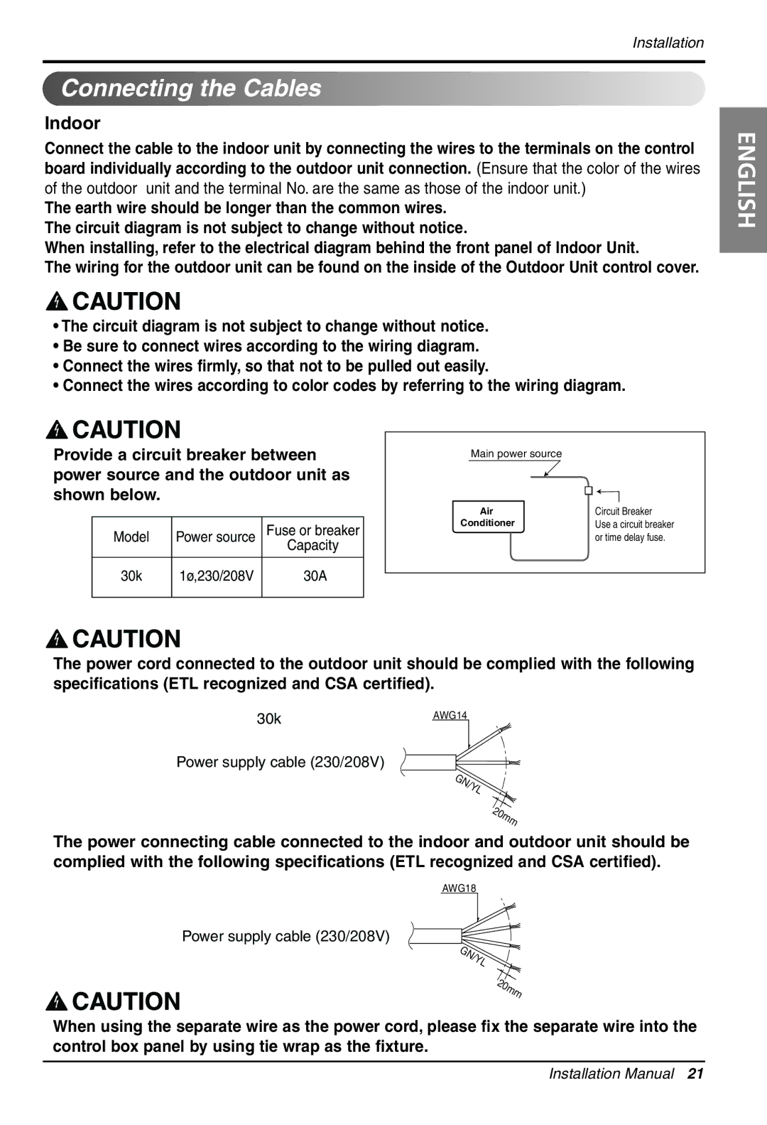 LG Electronics LS305HV installation manual Connecting the Cables, Indoor 